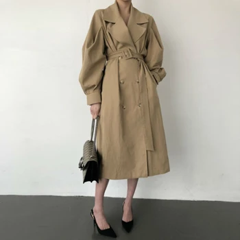

Autumn Women Vintage Long Trench Coat with Belt Long Sleeve Double Breasted Vestidos Turn Down Collar Casual Manteau Femme Hiver