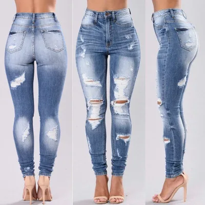 

Women Holes Jeans Vintage Classic Denim Long Pencil Pants
