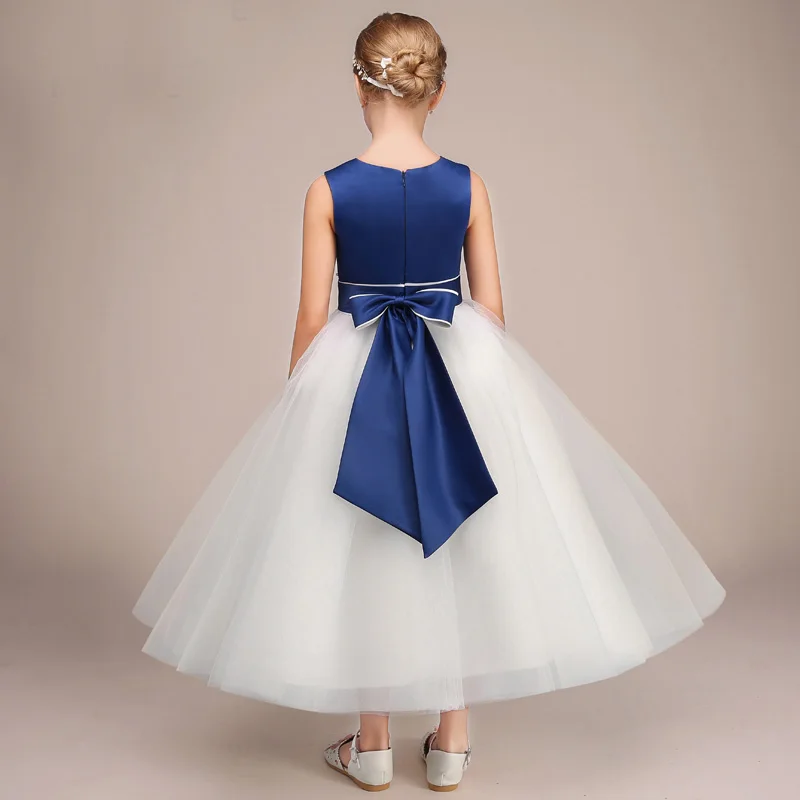 Ball Gown Tea-length Princess Blue And White Tulle Flower Girl Dresses For Wedding Beading Satin Long Junior Bridesmaid Dresses