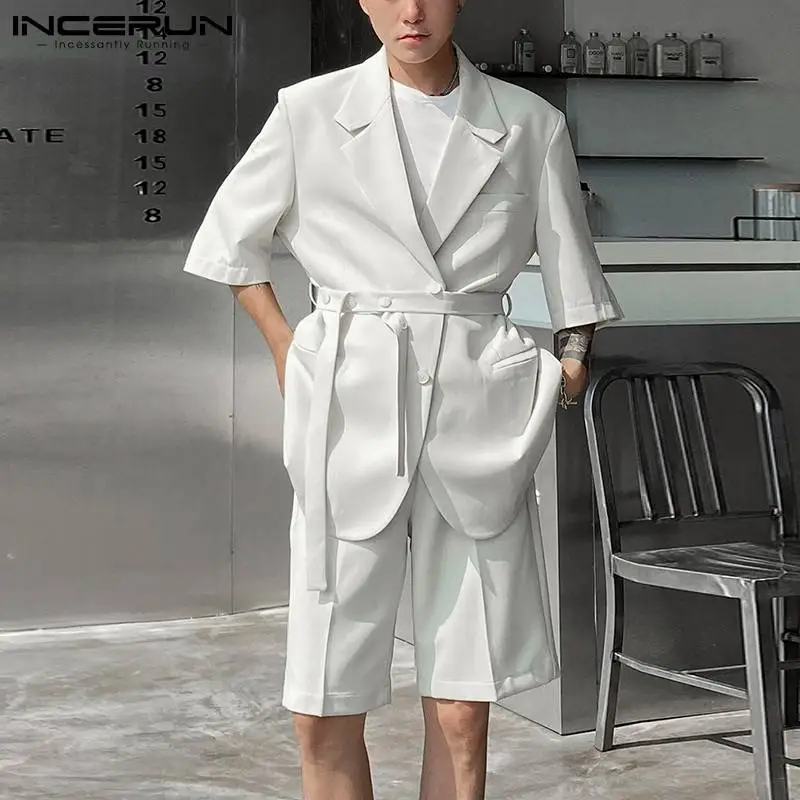INCERUN 2021 Stylish Men Well Fitting Sets Middle Sleeve Shorts Casual Streetwear Waist Tie Solid Color Comfortable Suits S-5XL | Мужская