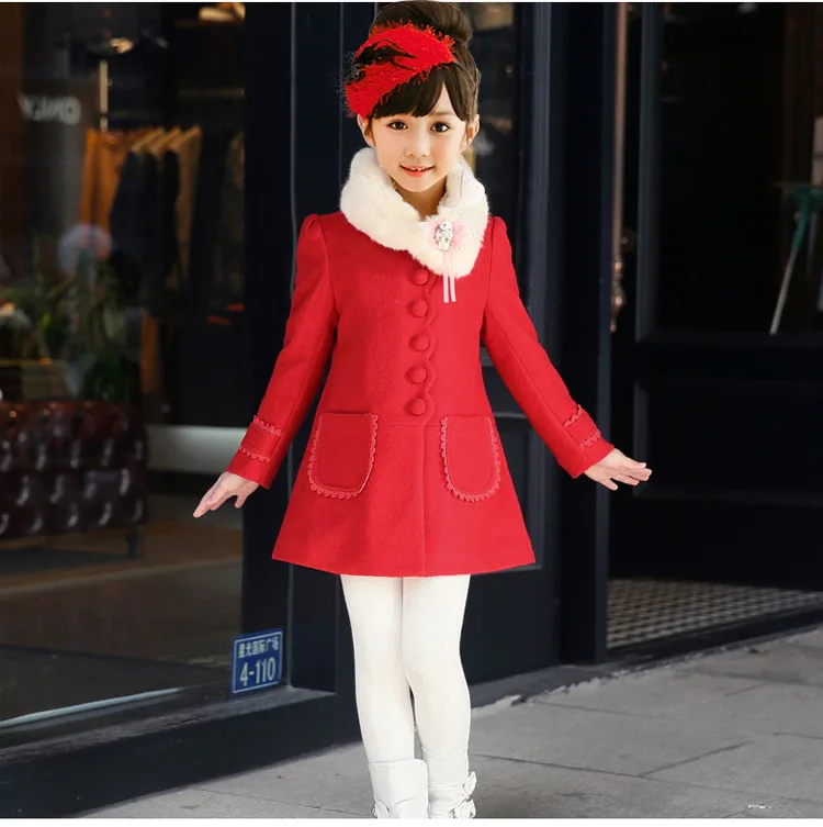 Kids Children girls woolen jacket pink thick big fur collar woolen coat princesses kids autumn winter wedding party clothes