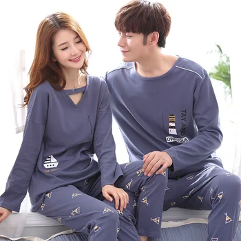 

Couple Nightwear Suit Summer Sweet Cute long Sleeve Pajamas printing Homewear Men& Women Plus Size M-3XL Cotton Pijamas Mujer