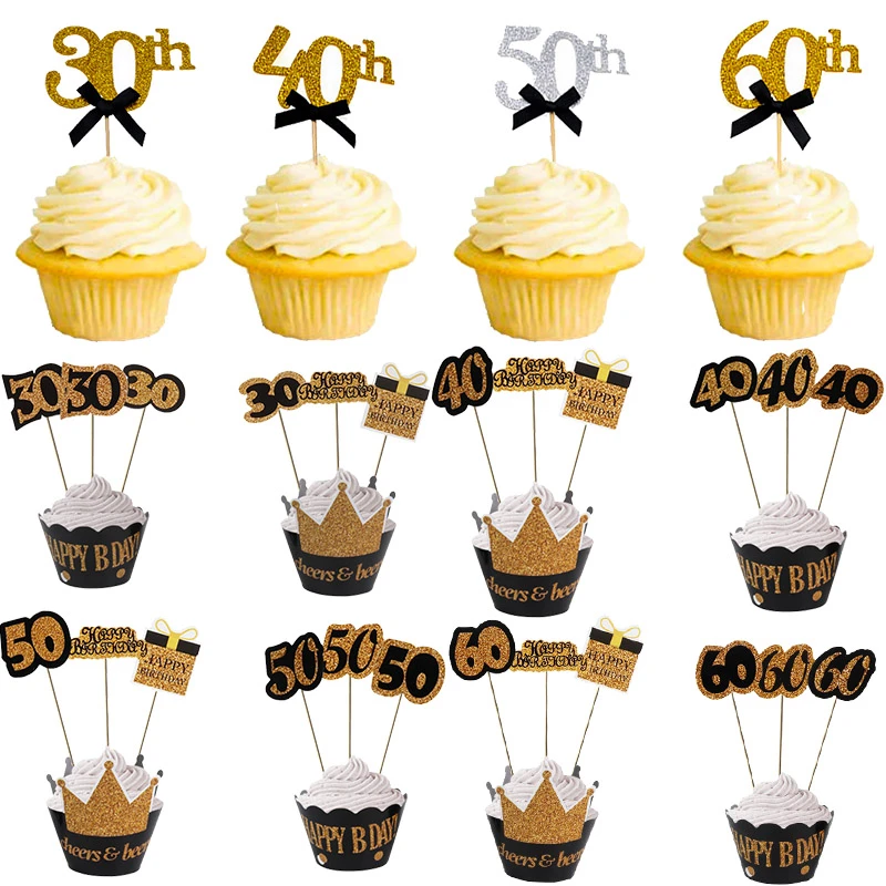 30 40 50 60 Years Old Cupcake Toppers Birthday Party Anniversary Adult 30th 40th 50th 60th Birthday Cake Decorations Supplies Cake Decorating Supplies Aliexpress