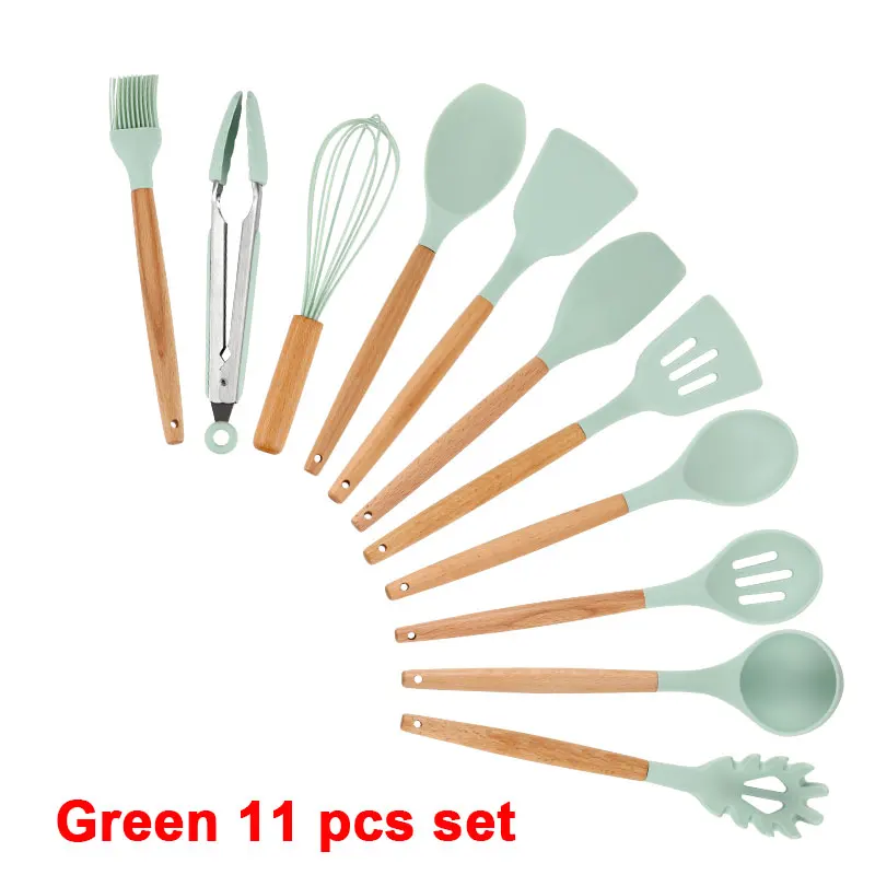 Green11 pcs set Набор кухонных силиконовых кухонных принадлежностей с антипригарным шпателем лопата с деревянной ручкой набор кухонных инструментов с ящиком для хранения кухонные инструменты - Цвет: Green11 pcs set