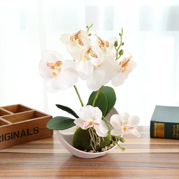 

Fashion Three Fork Butterfly Orchid Bonsai Artificial Flower White Flowerpot Set Home Wedding Xmas Party Decoration