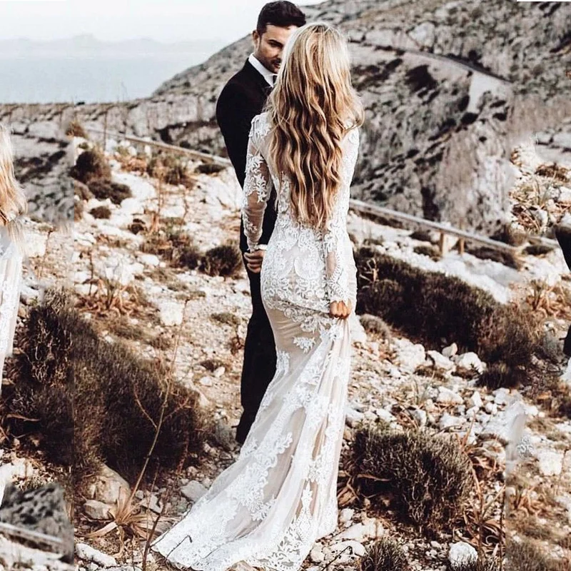 

Verngo Boho Wedding Dress Lace Long Sleeves Bride Dress Mermaid Nude Lining Bridal Gown White Ivory Spring 2020 Country Vestidos