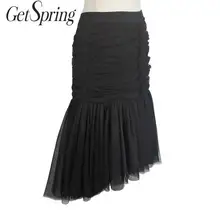 Getвесенняя Женская юбка с высокой талией плиссированная юбка асимметричная сетка длинные юбки высокая Талия пляжные юбки осень новое поступление черный