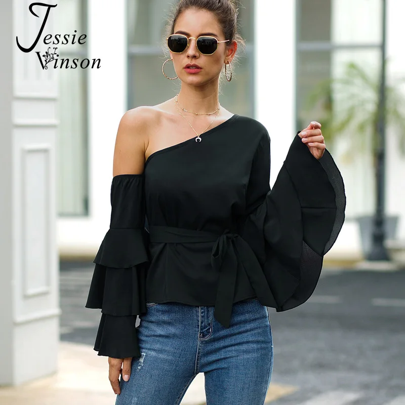 Женская шифоновая блузка Jessie Vinson черная рубашка с расклешенным рукавом