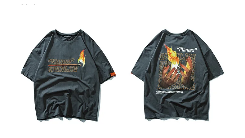 Футболка Harajuku coton manches courtes hauts скейтборд Hommes хип-хоп Футболка уличная одежда allumette feu flamme - Цвет: Grey