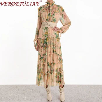

VERDEJULIAY Luxury Boho Dress 2020 Autumn Spring New Fashion Ruffles Button Flower Print Long Elegant Dress Vestidos