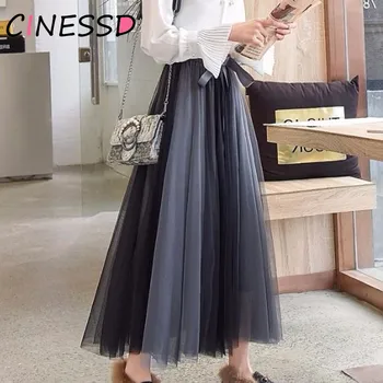 

Elegant High Waist Splice Tulle Skirt Spring Winter Big Swing Women Tutu Midi Skirt Korean Cute Lace-up Black Long Pleated skirt