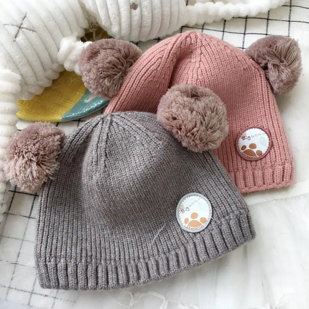 Детские шапочки Skullies Beanies для мальчиков и девочек, зимняя однотонная шапка с мультяшным медведем и помпонами, теплые эластичные модные аксессуары