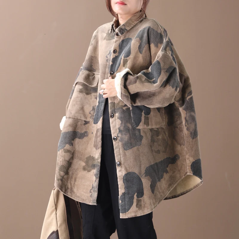 Autumn New Pattern Lapel Long Sleeve Leopard Patchwork Vintage Loose Large Size Vintage Cotton Padded