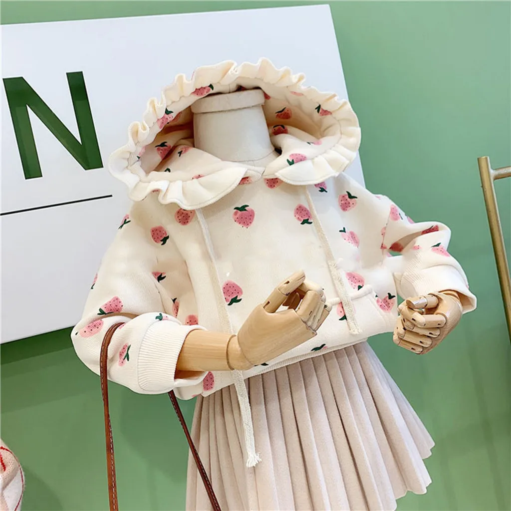 Toddler Kids Baby Girls Hooded Sweatshirt Tops Pullover Jackets Outfits Clothes Fashion Strawberry Long Sleeve Girls Dress