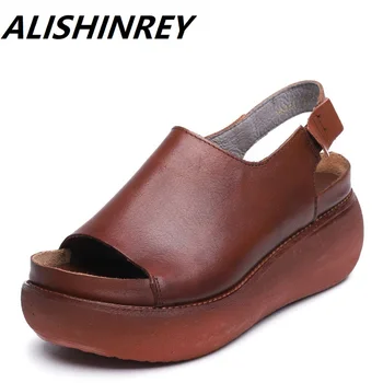 

2020 Summer Retro Women Sandals Peep Toe Wedges Platform Sandals Female Genuine Leather Women High HeelShoes Sandalias