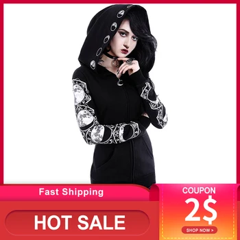 

Women Black Hooded Zipper Casual Hooded Pockets Letter Moon Print Gothic Punk Hoodies Female Dark Punk Goth Sweatshirt