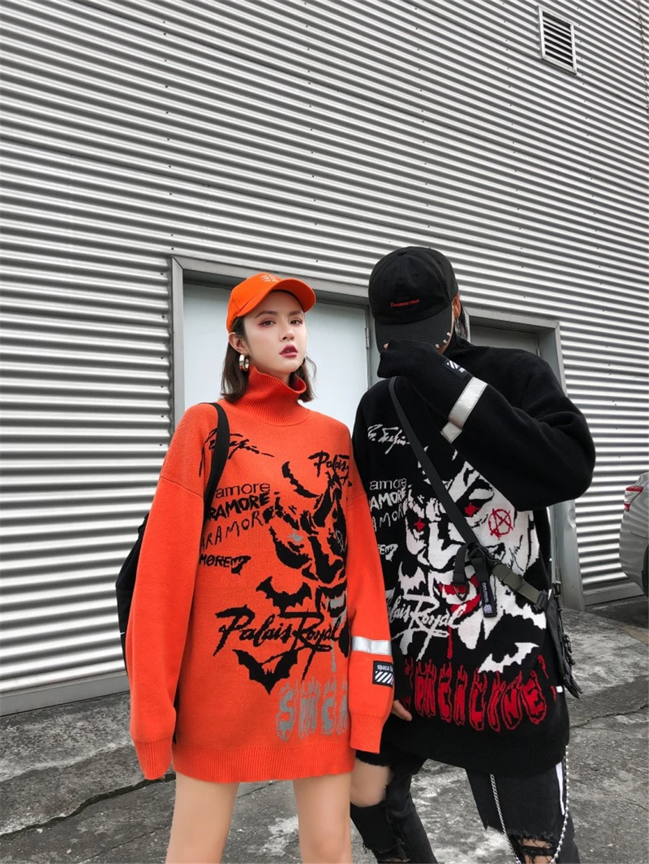 Harajuku вязаные свитера с высоким воротом для мужчин и женщин хип хоп клоун печати свободный пуловер свитер уличная Мужская зима WG608