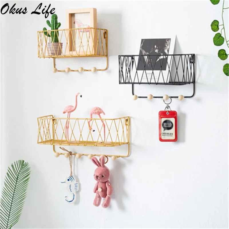 

New Creative Iron Wood Combination Wall Decoration Storage Rack Wrought Gold Hanging Basket Multi-Function Hook Bedroom Shelf