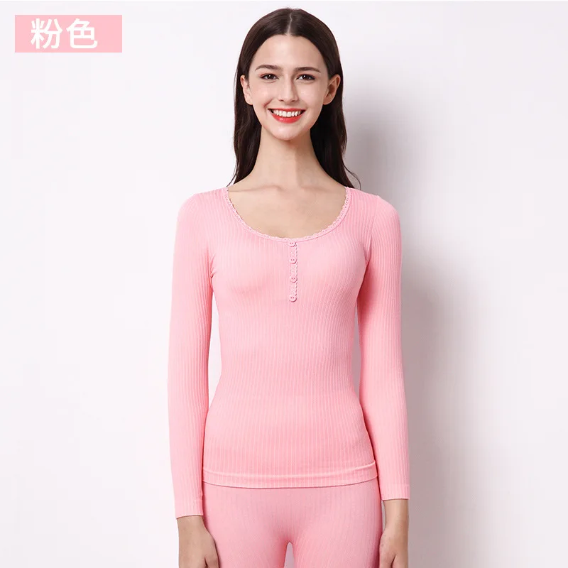 Pink Двухсекционный пижамный комплект, женское термобелье, комплект, Женская Сексуальная кружевная Пижама, тонкое тело, бесшовные подштанники, осенняя теплая одежда для сна - Цвет: Pink