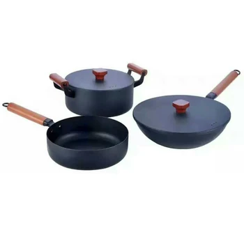 

Non-stick Cooking Pots Set of 3 Pieces with 2 Covers Exquisite Black Iron Frying Wok Soup Pot Kitchen Pan and Pot Set Cookware
