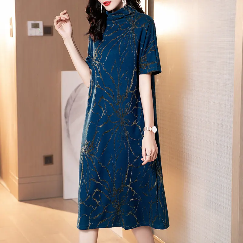 

Autumn New Street Style Mink Cashmere Elegant High Collar Comfortable Print Short Sleeve Mid-Length Dress M-2XL