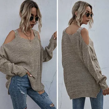 

Women Off Shoulder Sweaters Batwing Sleeve Loose Oversized Pullover Knit Tops Casual Solid Sweaters Khaki