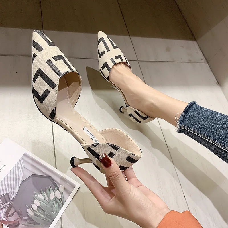 

Sl1926 Elegant Stripes Hipster High Heel Shoes GIRL'S 2019 New Style Pointed-Toe Side Cutouts Fashion Network Red Shoes Women's
