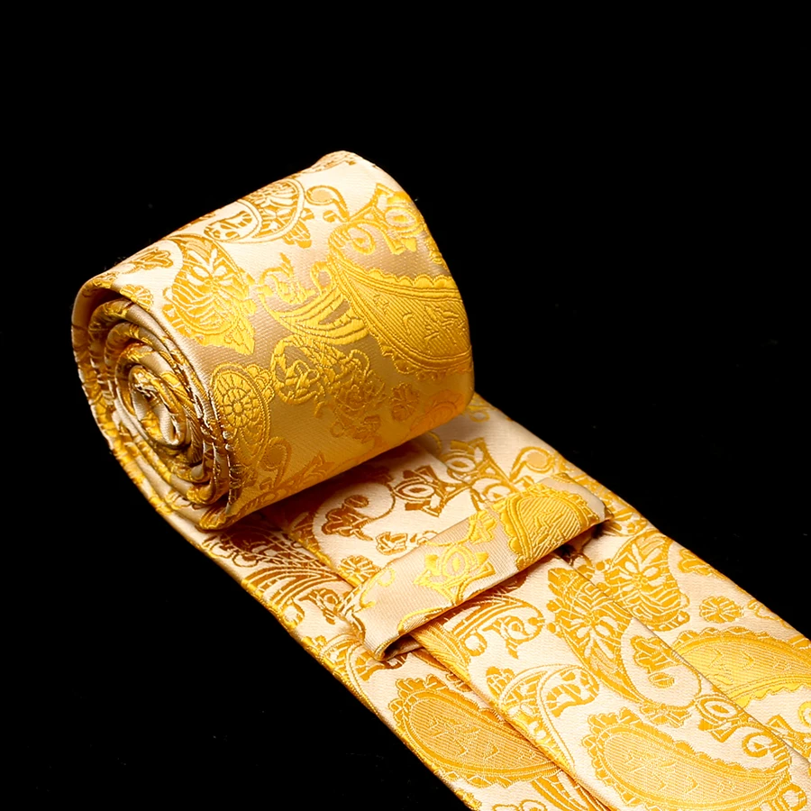  Silk Men Tie Set Floral Yellow Gold Ties and Handkerchiefs Cufflinks Set Men's Wedding Party Suit F