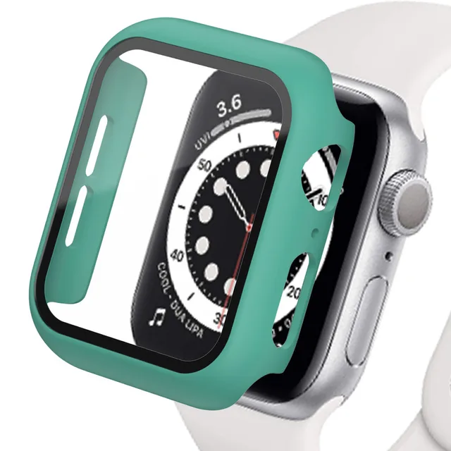 Glass+Case For Apple Watch Serie 7 6 5 4 3 2 1 SE 45mm 41mm iWatch Case 44mm 40mm 38mm 42mm Bumper Screen Protector+Cover Watch Light green