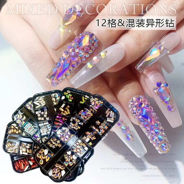Colorful Rhinestones for Nails 3D Gorgeous Nails Art Tips Decals AB Acrylic  UV Gel with 12 Grids Hard Case Nail Art Decorations - AliExpress