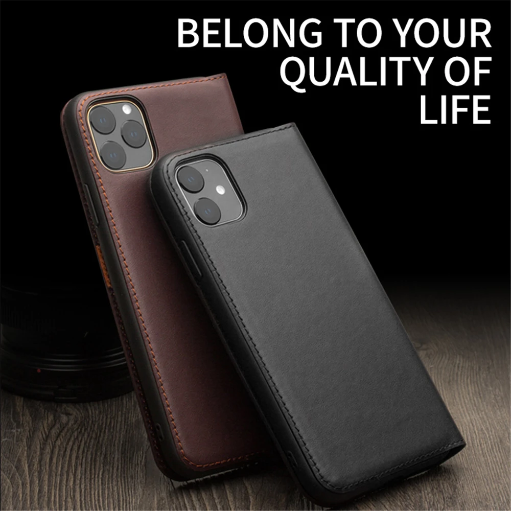 QIALINO Luxury Genuine Leather Phone Case for Apple iPhone 11 Pure Handmade Flip Case with Card Slots for iPhone 11 Pro Max