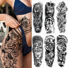 6pcs Suit Tato Fake Gun Queen of Spades Rose Tiger Lion Wolf Temporary Tatu Sticker Leg Arm Women Men Glitter Tattoo Kids Art