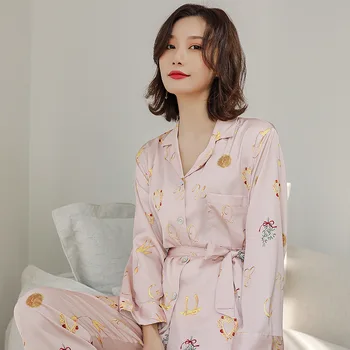

Pink Print Flower Nightwear Casual 2PCS Set Satin Turn-Down Collar Intimate Lingerie Home Clothing Female Homewear Pajamas Suit