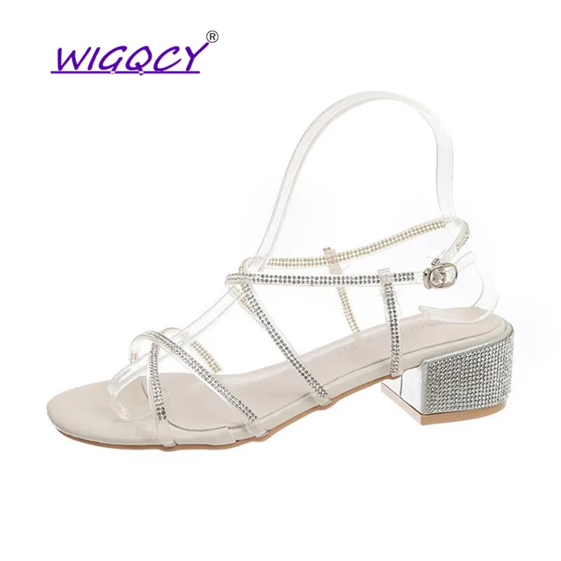 

Rhinestone off white High heels sandals women New Summer shoes women Fashion Bling Buckle Strap sandals Square heel Casual shoes