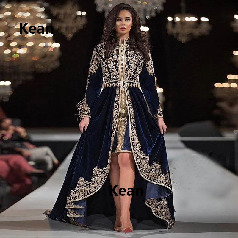

New Navy Blue Moroccan Kaftan Velour Muslim Evening Dresses Hi Low Gold Lace Dubai Saudi Arabic Special Occasion Party Dress