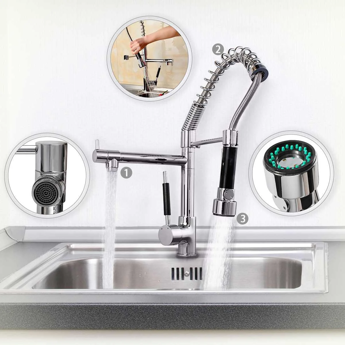  Kitchen Chrome Pull Out Side Spring Faucet Sprayer 360 Rotation Dual Spout Single Handle Mixer Tap  - 4000322347176