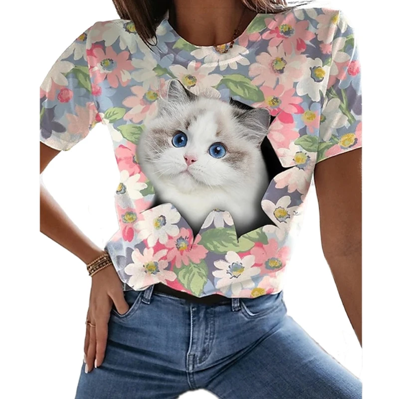 Summer Fashion Women's T-shirt Digital 3D Printing Short Sleeve T-shirt Cute Cat Round Neck Top Loose and Comfortable cute summer crop tops