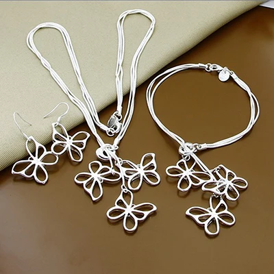 Three-piece set Новое прибытие 925 серебряные ювелирные наборы мода насекомое полая Бабочка ожерелье комплект Нефритового изделия Parure Bijoux женский - Окраска металла: Three-piece set
