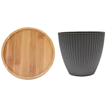 

1 Pcs with Pot Hydroponic Copper Grass Thickening Potted & 1 Set Bamboo 6.1 Inch Round Plant Pot Tray Drainage Tray