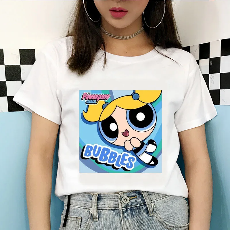 2020 New Summer Kawaii White Tops Powerpuff T Shirt Girls Harajuku Funny Cartoon Printed Cute T-shirts Women's Fashion Clothing