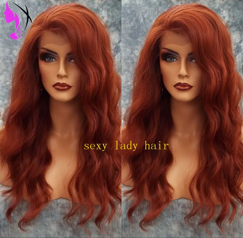 Onda de Água Sintéticas da Parte Dianteira do Laço para as Mulheres Resistente ao Calor Parte Livre Cobre Peruca Vermelha Longa Perucas Fibra Auburn - Amarelo Rosa Cosplay 3 High Quality Apliques e perucas