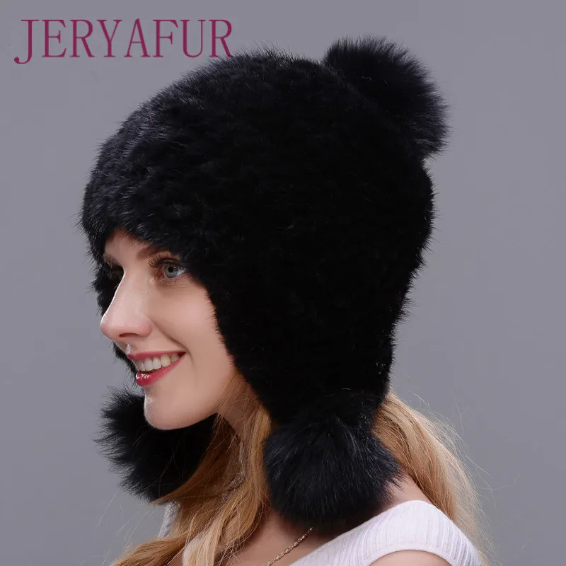 Heisser Verkauf Reale naturliche Nerz Doppel Eng Gewebten Hut Für Frauen зима Каппе Mit Drei Fuchs Pelz Pom poms Dick Und
