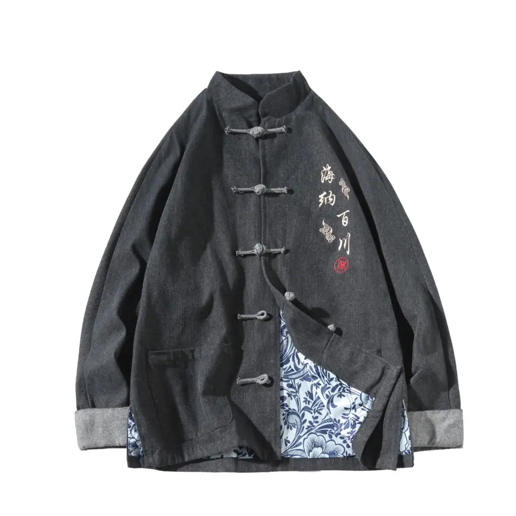 Sinicism Store мужская синяя джинсовая куртка с вышивкой в китайском стиле, мужские куртки с большой пряжкой, топ, Мужская Весенняя джинсовая Свободная куртка