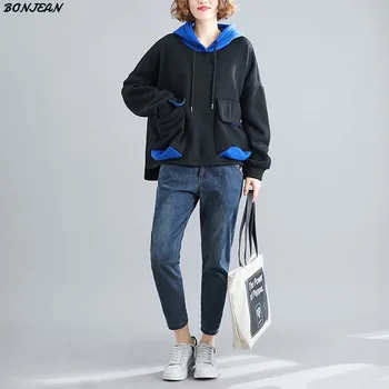 

Plus Size Hoodies Women Loose Vintage Thick Cotton Pockets Pullover Sweatshirts Top Spring Women's Clothing Black Sweatshirt New