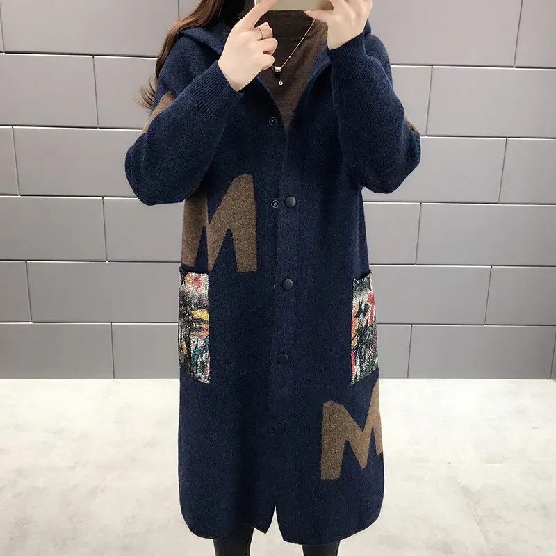 ^*Best Offers Women's Autumn Winter Jacket Long Cardigan New Fashion Letter Jacquard Leisure Hooded Sweater Coat Loose Knitted Blusa f1708