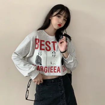 

Autumn Women kpop Gothic Hoodie Hip Hop Steetwear Cropped Korean Friend Long Sleeve O neck Gothique Fleece Pullover Sweatshirt