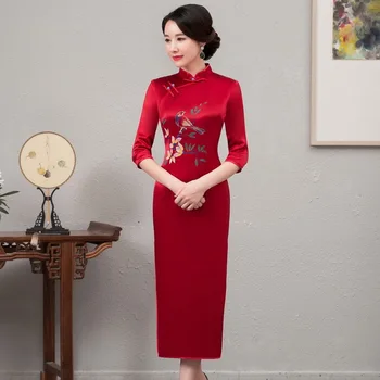 

Quinceanera Sale Above Knee, Mini Acetate Satin Wedding Toast Cheongsam Improved Retro Slim Long Hand Painting New Autumn 2020