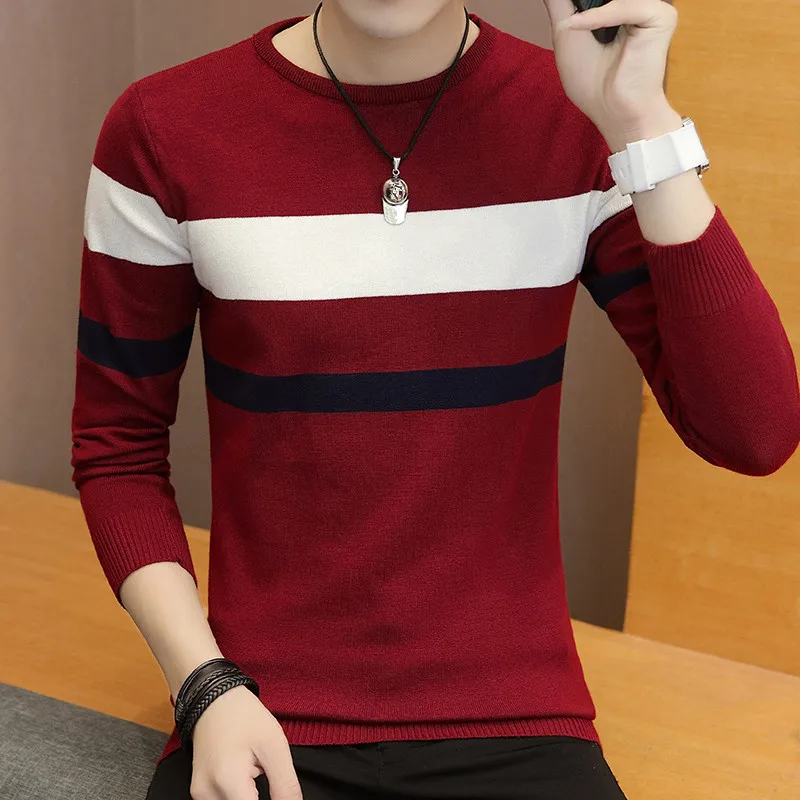 

2020 Sweater Men Pullover Casual Slim O-Neck Man Autumn Fit Long Sleeve Striped Shirt Mens Sweaters Knitted Cashmere Pull Homme