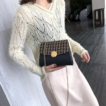 

Plaid Wool Leather Cross Body Bag For Women Simple Chain Flap Bag Fashion Small Shoulder Bags Women Messenger Bag Handbag #15