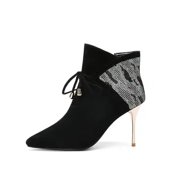 

Genuine Leather Pointed Toe lace up Short Boots high heels Ankle Boots Women Autumn Winter Boots Party Office Shoes Woman